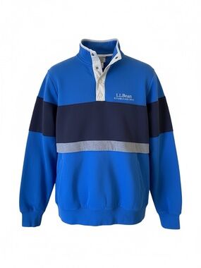 LL Bean Men Sweatshirt Blue Snap Button Long Sleeve Thick Fleece Pullover Medium